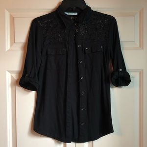 Maurices Black 3/4 Sleeve Button Top w Lace S